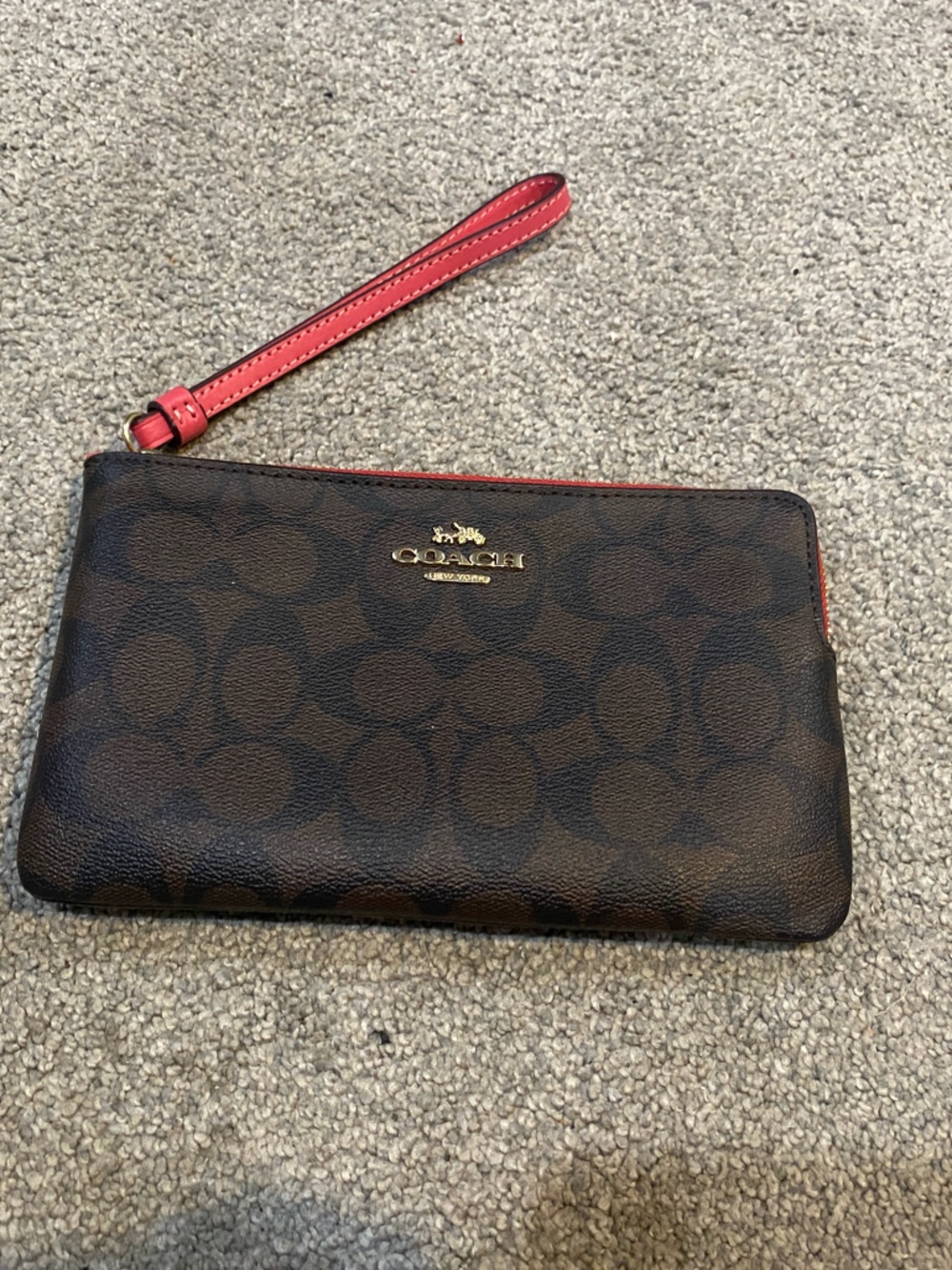 Coach Brown Signature Wristlet with Red Strap